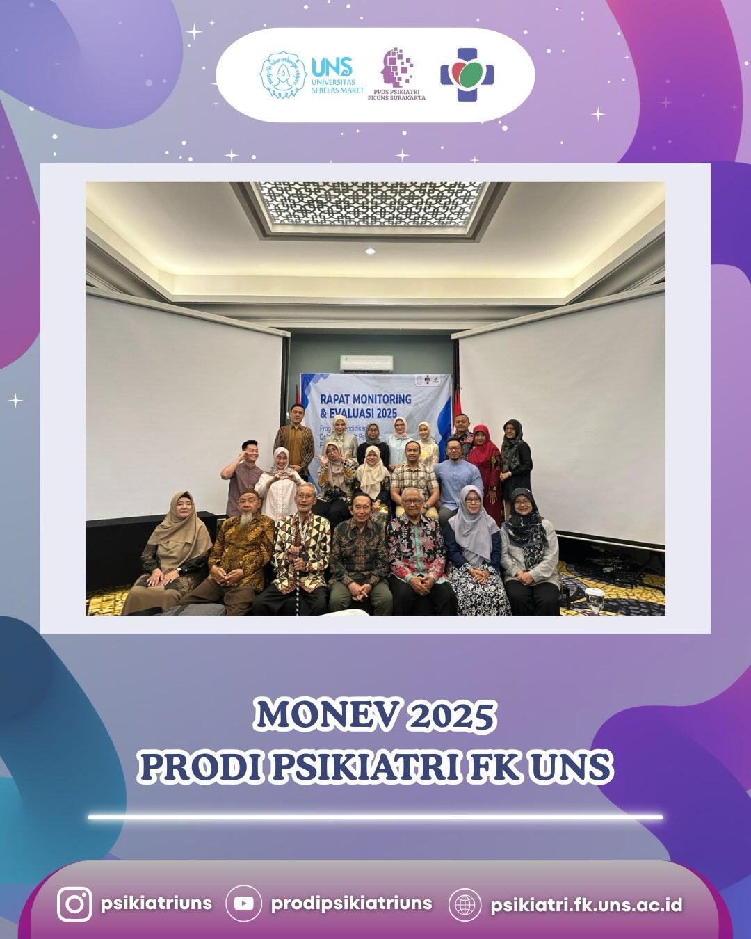 *Monitoring & Evaluasi PPDS Psikiatri FK UNS*

Sebagai bagian dari komitmen peningkatan mutu pendidikan, PPDS Psikiatri FK UNS melaksanakan kegiatan Monitoring dan Evaluasi (Monev). Kegiatan ini menjadi langkah reflektif untuk menilai proses pembelajaran, pembimbingan klinik, serta capaian kompetensi peserta didik.

Bersama, kami terus berbenah demi pendidikan psikiatri yang berkualitas dan berkelanjutan