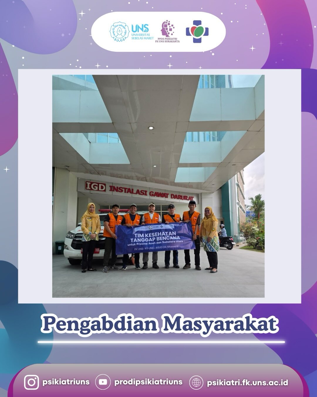 ✨Psikiatri FK UNS Hadir untuk Kemanusiaan✨🚑

Sebagai bagian dari komitmen pengabdian kepada masyarakat, Program Studi Psikiatri UNS berpartisipasi dalam Tim Kesehatan Tanggap Bencana mewakili FK UNS, RS UNS, RSUD dr. Moewardi yang ditugaskan ke Provinsi Aceh dan Sumatera Utara untuk membantu para korban bencana alam.

Tidak hanya pemulihan fisik, bencana juga meninggalkan luka psikis yang mendalam. Melalui dukungan kesehatan jiwa dan psikososial, Psikiatri FK UNS berupaya hadir memberikan pendampingan, penguatan, dan harapan bagi para penyintas agar mampu bangkit dan pulih secara menyeluruh.

Langkah kecil ini adalah bagian dari tanggung jawab besar insan akademik dan tenaga kesehatan untuk selalu hadir di tengah masyarakat, terutama saat mereka paling membutuhkan.

Semoga setiap ikhtiar menjadi amal kebaikan dan membawa pemulihan bagi saudara-saudara kita