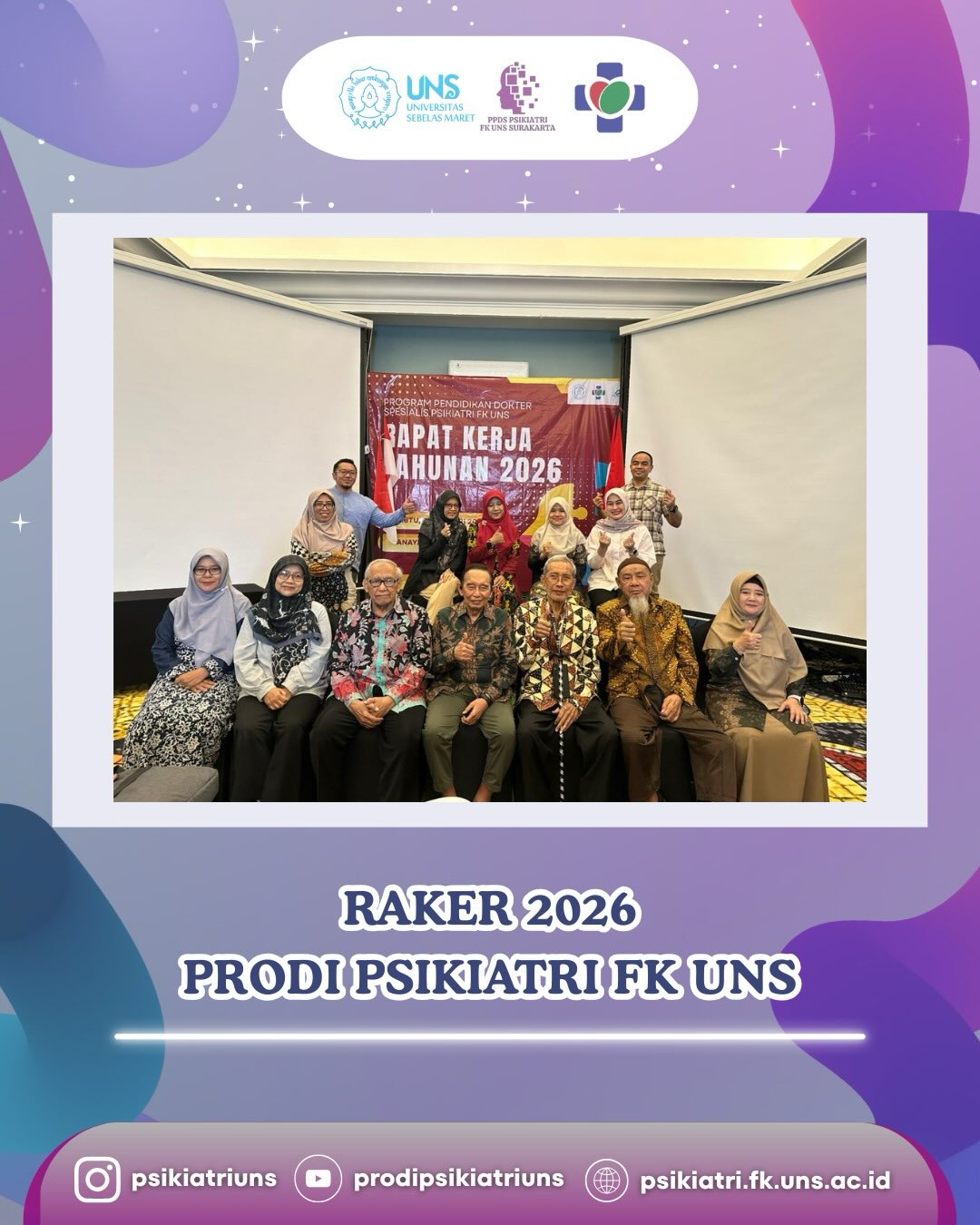 *Rapat Kerja Tahunan PPDS Psikiatri FK UNS*

Program Studi Psikiatri FK UNS mengawali tahun dengan Rapat Kerja Prodi sebagai momentum evaluasi dan perencanaan ke depan. Rapat ini membahas capaian program tahun sebelumnya serta strategi pengembangan pendidikan, penelitian, dan pengabdian di tahun 2026.

Dengan semangat kolaborasi dan komitmen bersama, Prodi Psikiatri FK UNS terus melangkah untuk meningkatkan mutu dan kontribusi di bidang kesehatan jiwa.