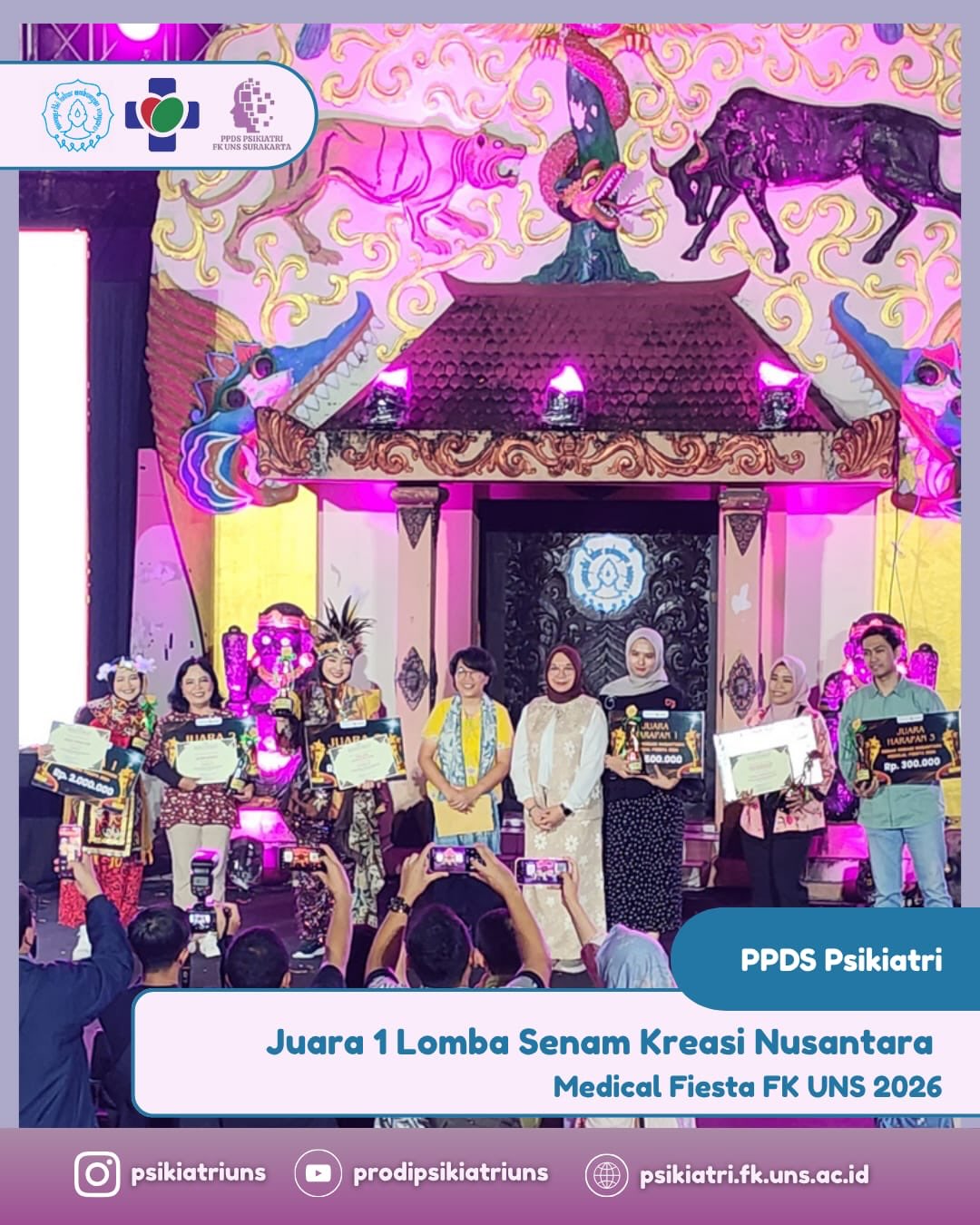 Selamat kepada Tim Senam Kreasi Nusantara dalam rangkaian Medical Fiesta FK UNS 2026 atas pencapaian Juara 1 🏆✨
Kerja keras, kekompakan, dan semangat yang luar biasa telah terbayarkan dengan hasil terbaik. Setiap gerakan bukan hanya menunjukkan kreativitas, tetapi juga kebersamaan yang kuat.
Semoga pencapaian ini menjadi motivasi untuk terus berkarya, berprestasi, dan menginspirasi di kesempatan berikutnya 💃🌿
#MedicalFiesta2026 #SenamKreasiNusantara #Juara1 #psikiatriunssemakinmenyala