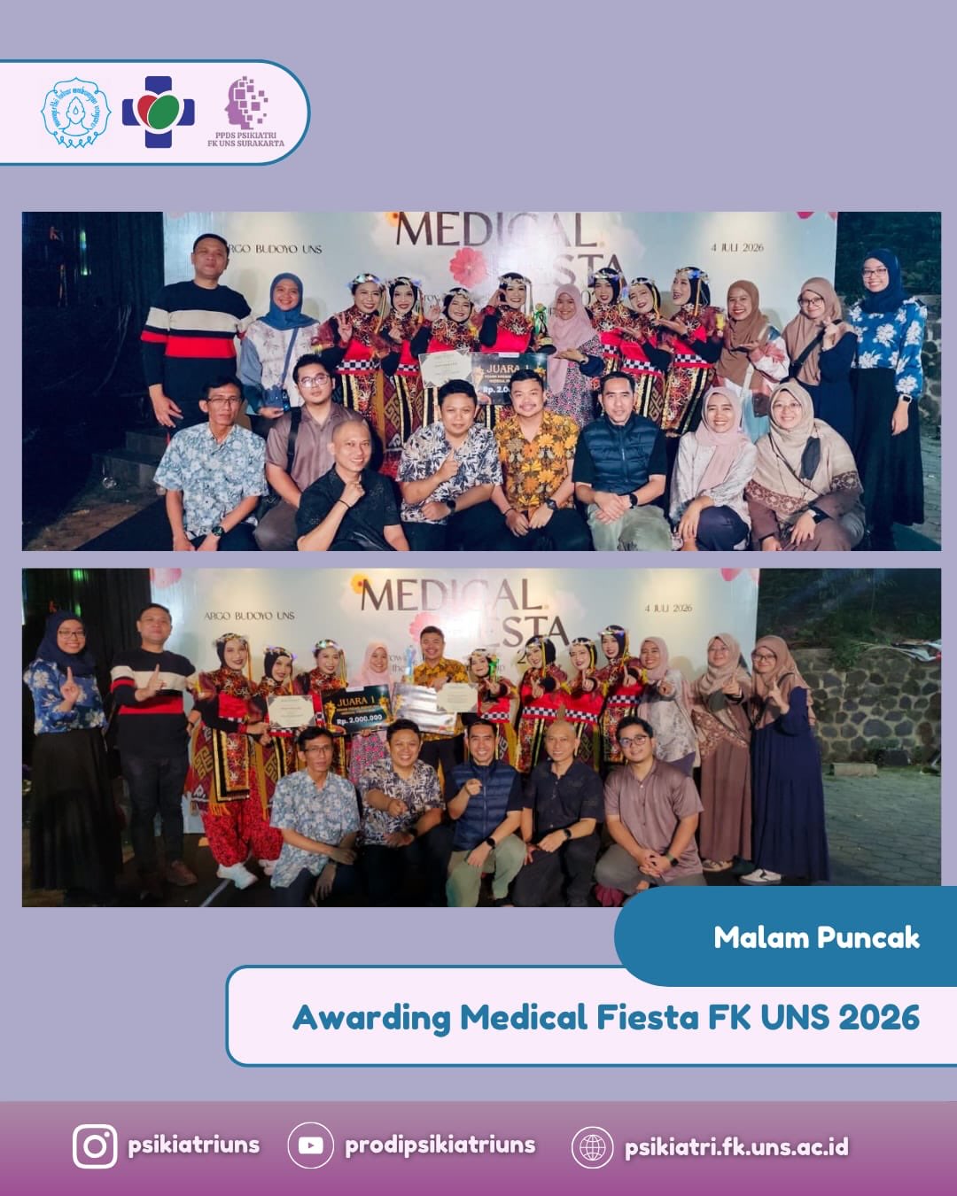 Malam puncak Awarding Medical Fiesta FK UNS 2026 menjadi momen yang penuh kebanggaan ✨
Prodi Psikiatri berhasil meraih 4 penghargaan, yaitu:
🏆 Juara 1 Senam Kreasi Nusantara
🏆 Juara III Medical Quran Festival Akhwat
🏆 Best Drummer III – Medical Fiesta Band Festival
🏆 1st Best Supporter – Medical Fiesta Band Festival
Pencapaian ini merupakan hasil dari kebersamaan, kerja keras, dan semangat yang saling menguatkan di setiap prosesnya. Bukan hanya tentang kemenangan, tetapi tentang perjalanan, kolaborasi, dan energi positif yang dibangun bersama.
Semoga momen ini menjadi pengingat bahwa dengan kebersamaan, kita mampu melangkah lebih jauh dan meraih lebih banyak lagi ke depan 🌿✨
#MedicalFiesta2026 #AwardingNight #PsikiatriUNSsemakinMenyala #ProudMoment #SehatBersama
