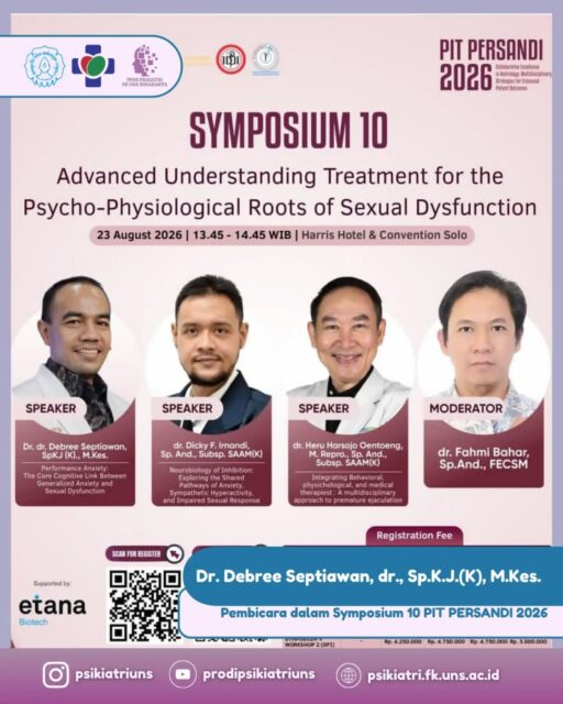Kontribusi dalam forum ilmiah nasional ✨

Dr. Debree Septiawan, dr., Sp.K.J.(K), M.Kes. menjadi pembicara dalam PIT PERSANDI 2026 "Collaboration Excellence in Andrology: Multidiscplinary Strategies For Enchanced  Patient Outcomes" yang diselenggarakan di Harris Hotel & Convention Solo.

Pada sesi Symposium 10: “Advance Understanding Treatment for the Psycho-Physiological Roots of Sexual Dsyfunction” pada 23 Agustus 2026, beliau membawakan materi “Performance Anxiety: The Core Cognitive Link Between Generalized Anxiety and Sexual Dysfunction”.

Melalui sesi ini, disampaikan pendekatan integratif yang menggabungkan aspek biopsikososial, neurokimia, dan faktor hormon dengan kecemasan dalam disfungsi kesehatan seksual, sebagai upaya menghadirkan terapi yang lebih personal dan bermakna.

Semoga kontribusi ini dapat terus mendorong pengembangan ilmu disfungsi kesehatan seksual serta peningkatan kualitas pelayanan kesehatan jiwa di Indonesia.

#PITPERSANDI2026 #GeneralizedAnxiety #SexualDysfunction #PsikiatriUNSSemakinMenyala #MentalHealth MedicalEducation Psychiatry